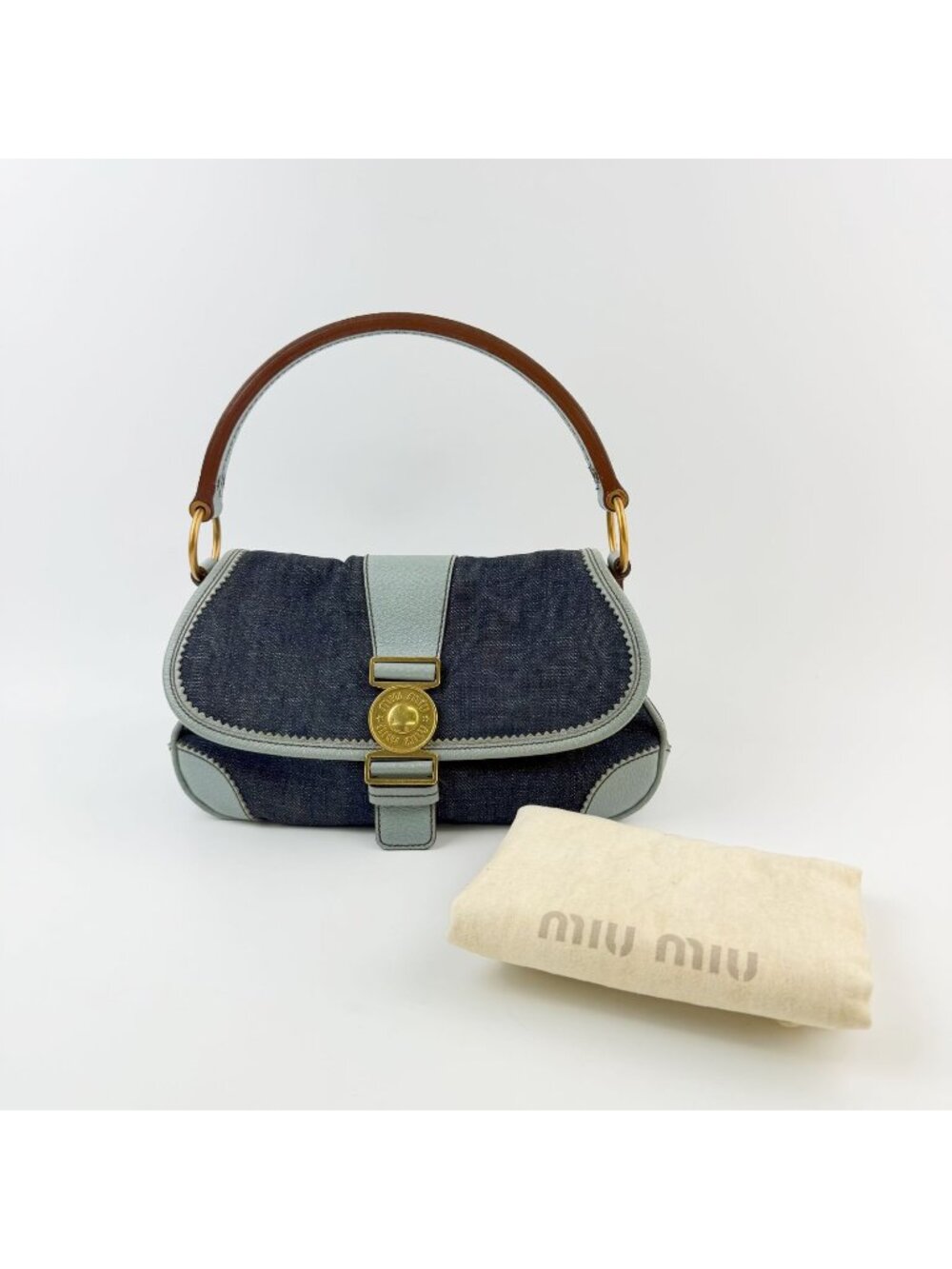 Miu Miu Denim Leather Trim Flap Handbag Indigo Light Blue Brown Gold Vintage